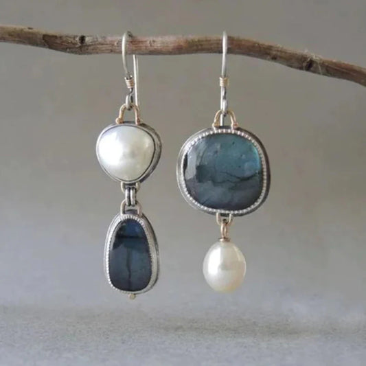 Retro-Style Earrings with Blue Stone and Pearl